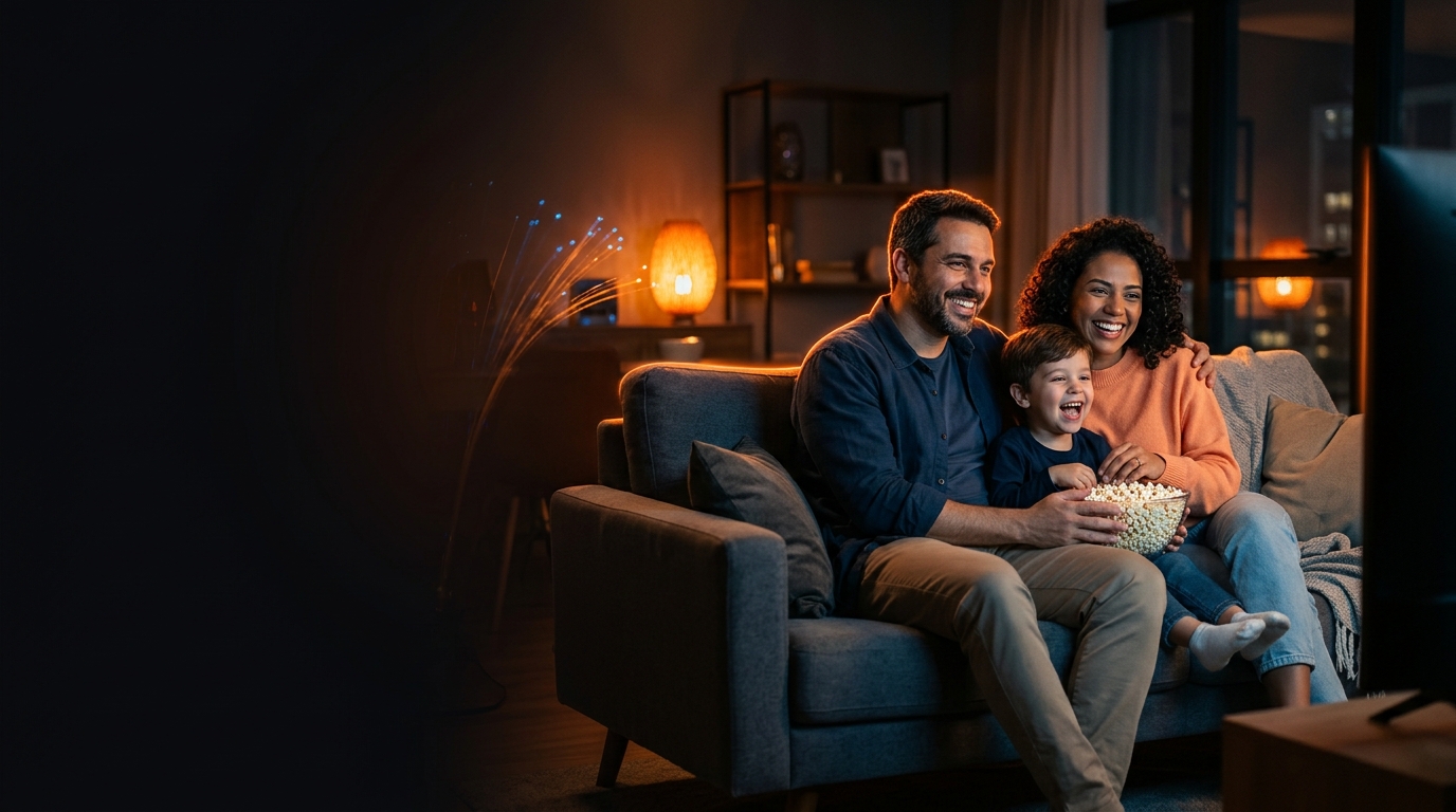 Família reunida no sofá assistindo filmes e futebol com a Mega+ TV