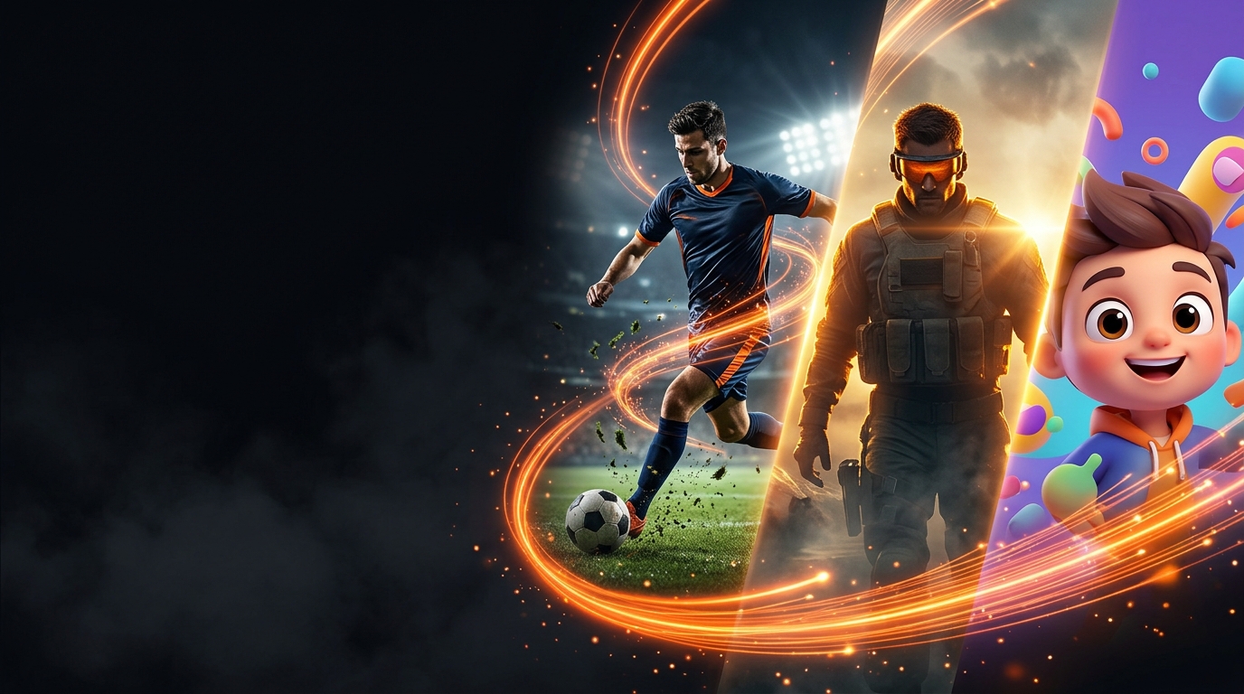 Montagem de entretenimento da Mega+ TV com futebol ao vivo, filmes e conteúdo infantil